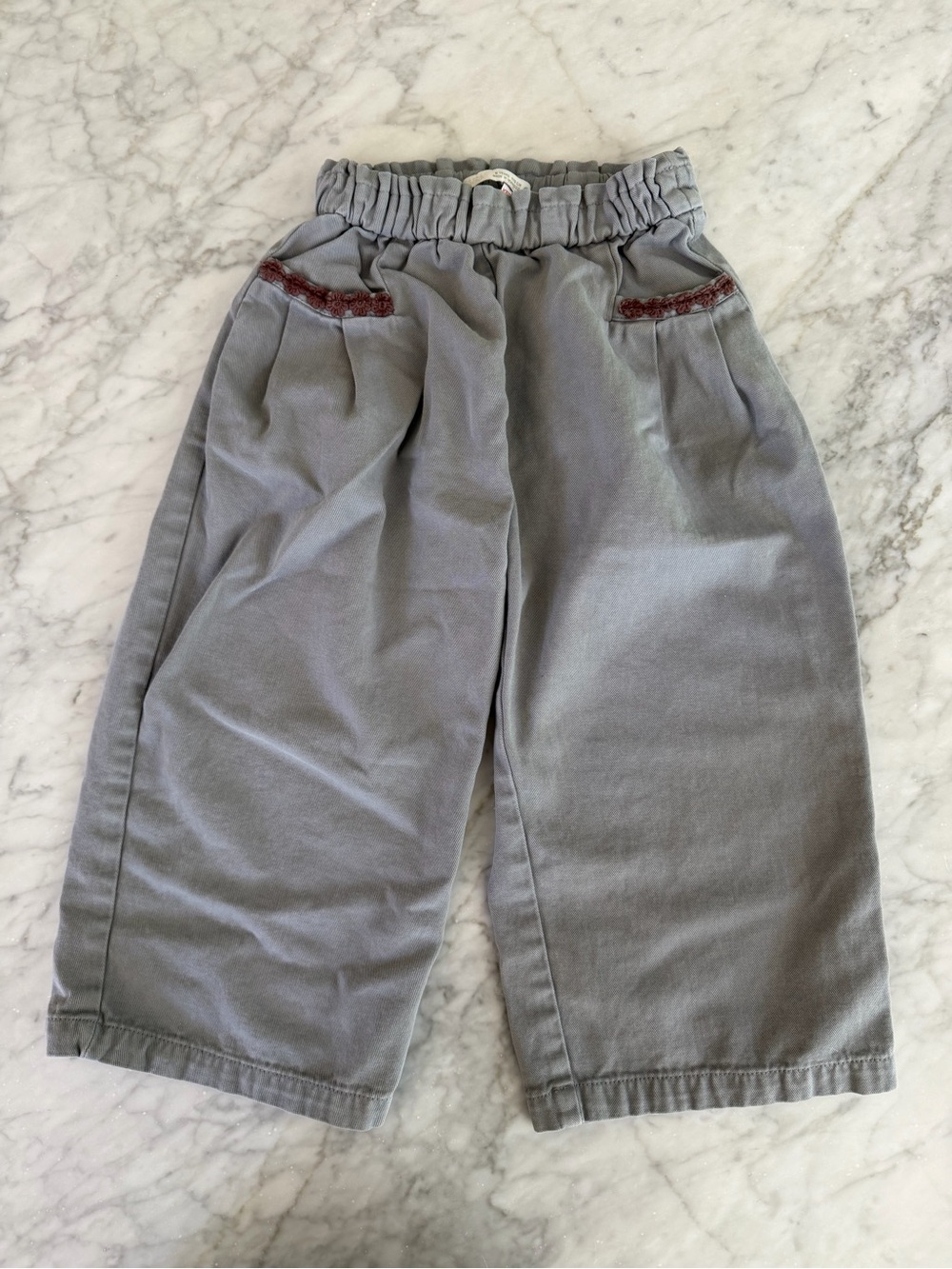 Zara Gray Blue Wide-Leg Elastic Waist Girls' Pants with Red Trim